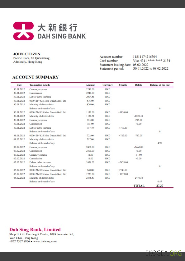 Modèle de relevé de la Hong Kong DAH Sing Bank, format Word et PDF